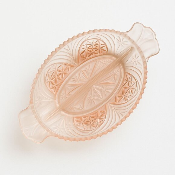 VTG Glass Divided Relish Dish Pink Satin Oval Frosted Starburst Serving Tray - Picture 7 of 13